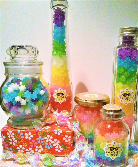Rainbow-colored colorful candy bottled by hand